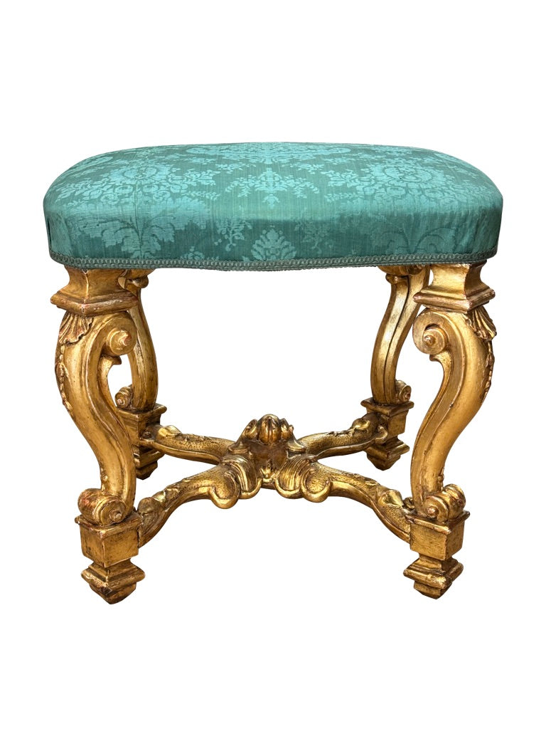 Carved Giltwood Stool with Silk Damask Seat, 18th Century