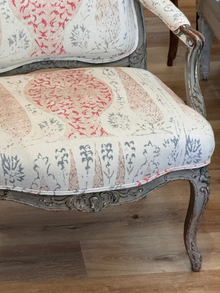 Period Louis XV polychrome Fauteuil Upholstered in Penny Morrison