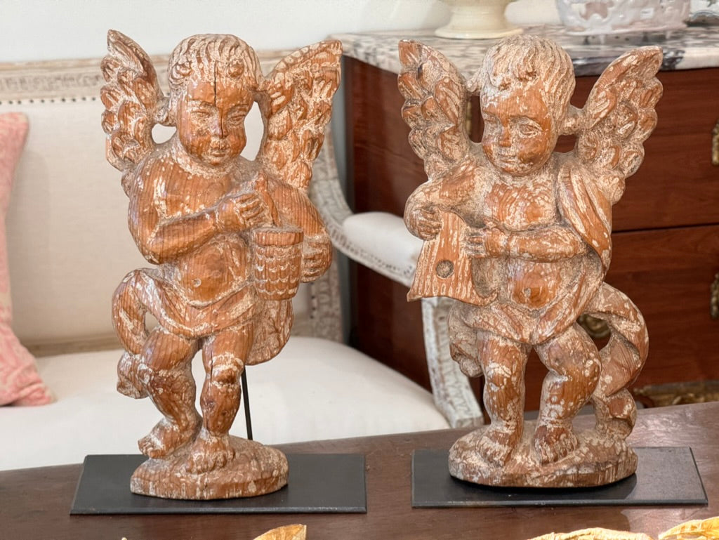 Pair of 17th Century Carved Cherubs on Stands