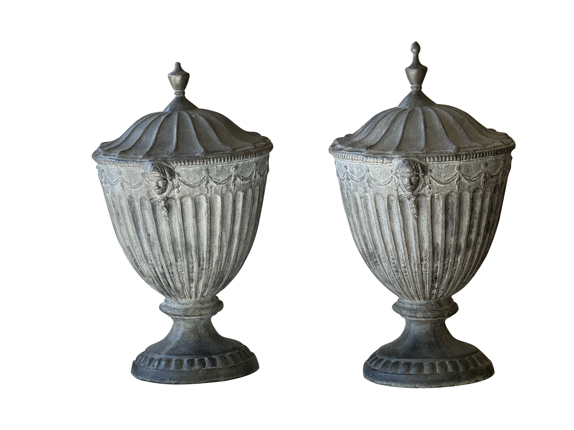 Large English Cast Lead Garden Urns, 19th Century