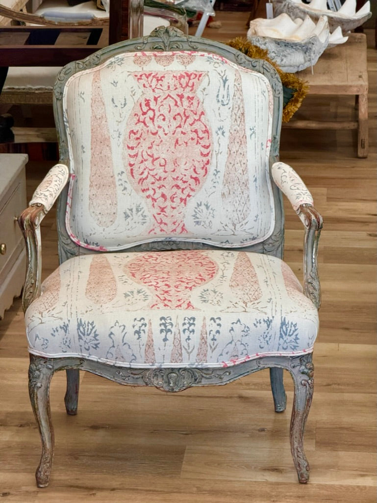 Period Louis XV polychrome Fauteuil Upholstered in Penny Morrison