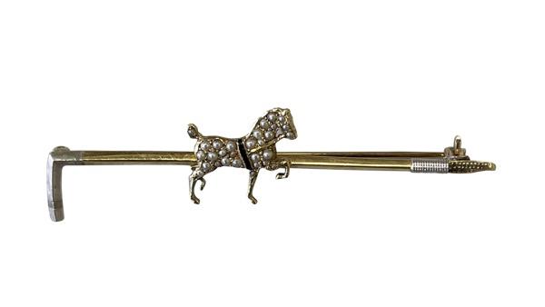 14K GOLD PEARL AND ENAMEL HORSE BROOCH