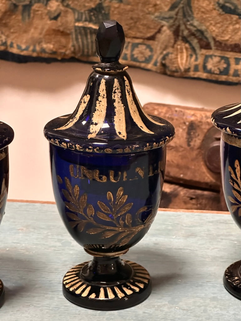 Four blue glass Italian Apothecary Jars with lids, 18th Century