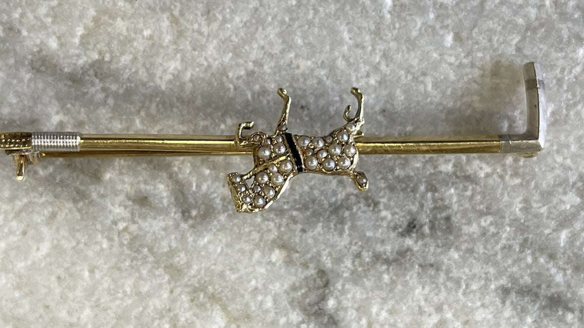 14K GOLD PEARL AND ENAMEL HORSE BROOCH - Helen Storey Antiques