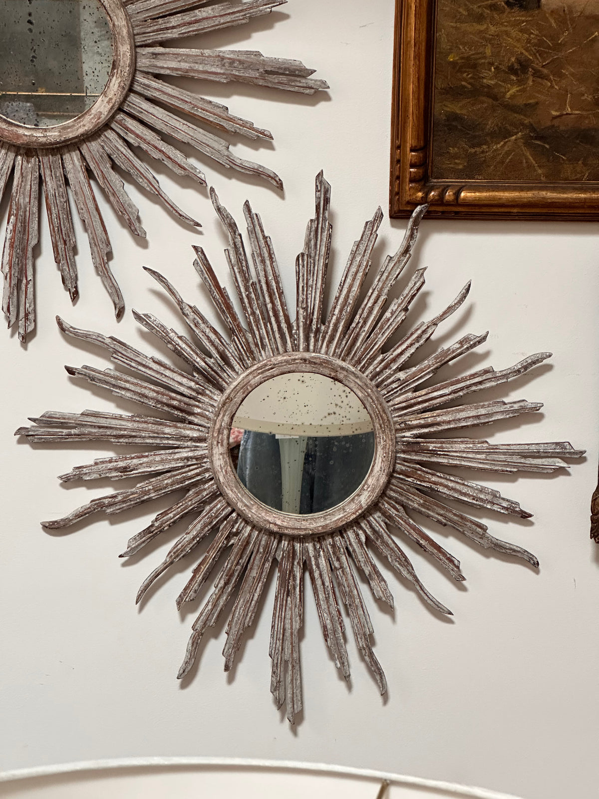 Exceptional Pair of carved painted  Italian Starburst Mirrors