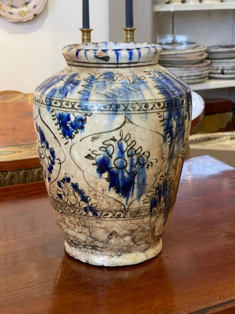 17th Century Persian Safavid Blue &amp; White Pottery Vase Jar - Helen Storey Antiques