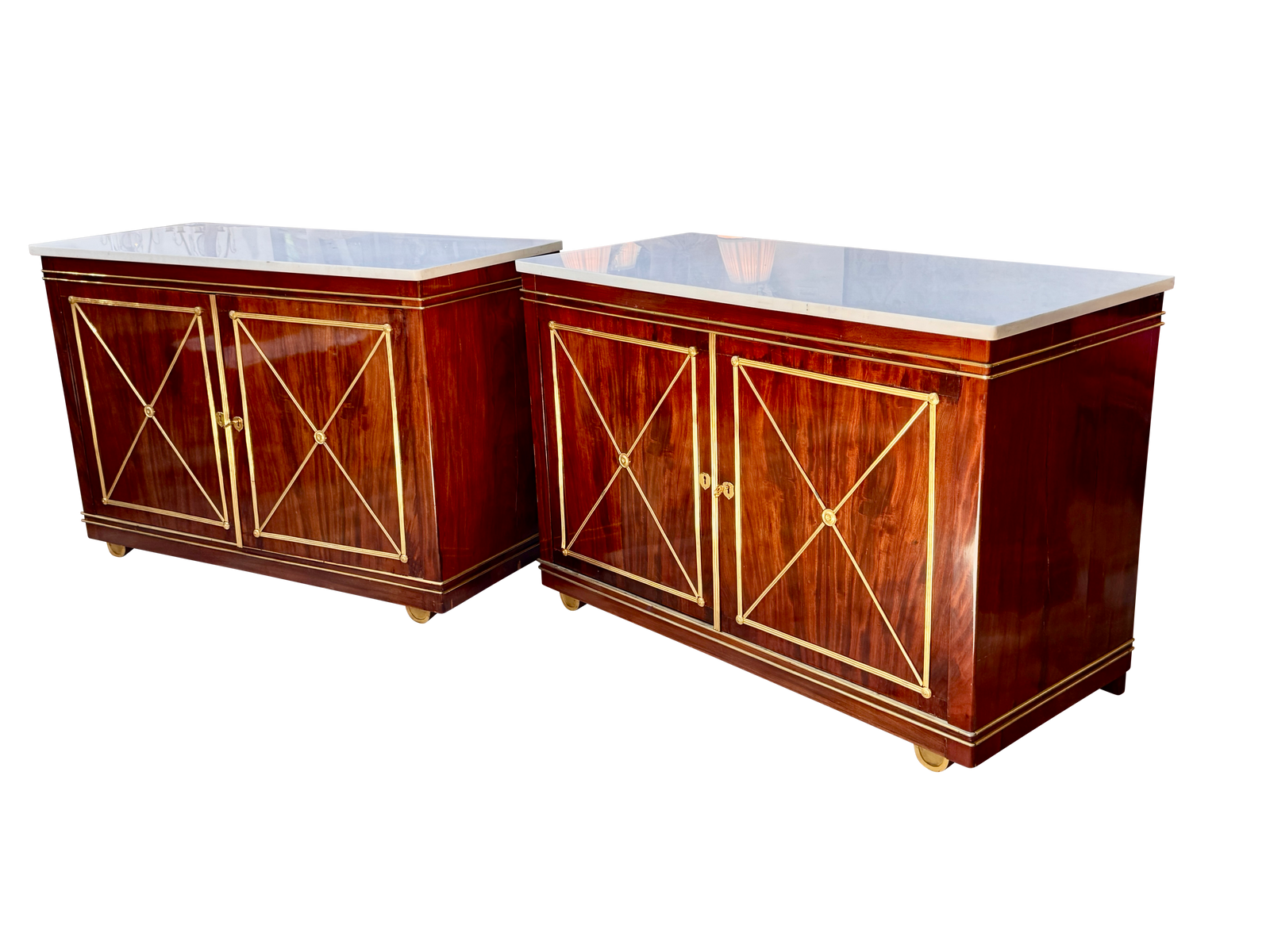 Pair of French Louis XVI Revival Mahogany and Gilt Bronze Cabinets, circa 1880