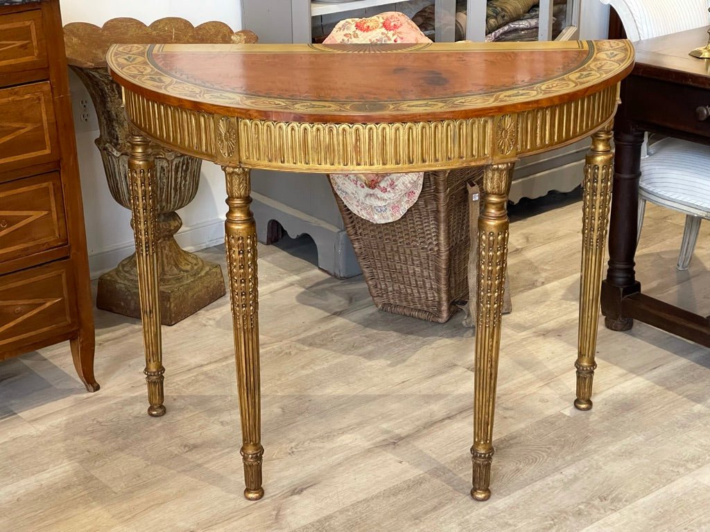 18th - 19th Century Decorated English Demilune Satinwood Table - Helen Storey Antiques