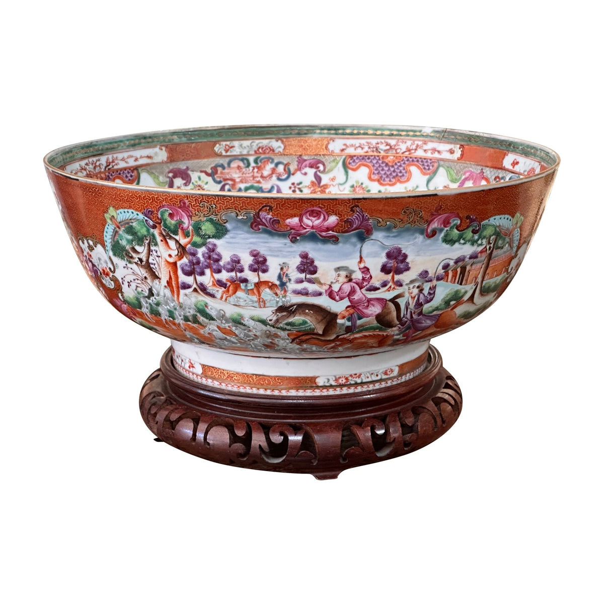 18th Century Chinese Export Porcelain Hunt Pattern Punch Bowl - Helen Storey Antiques