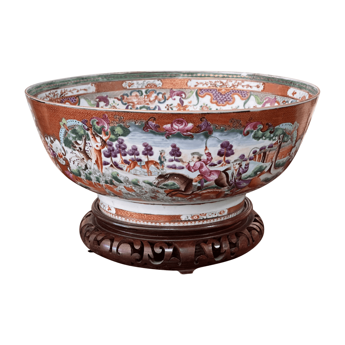 18th Century Chinese Export Porcelain Hunt Pattern Punch Bowl - Helen Storey Antiques