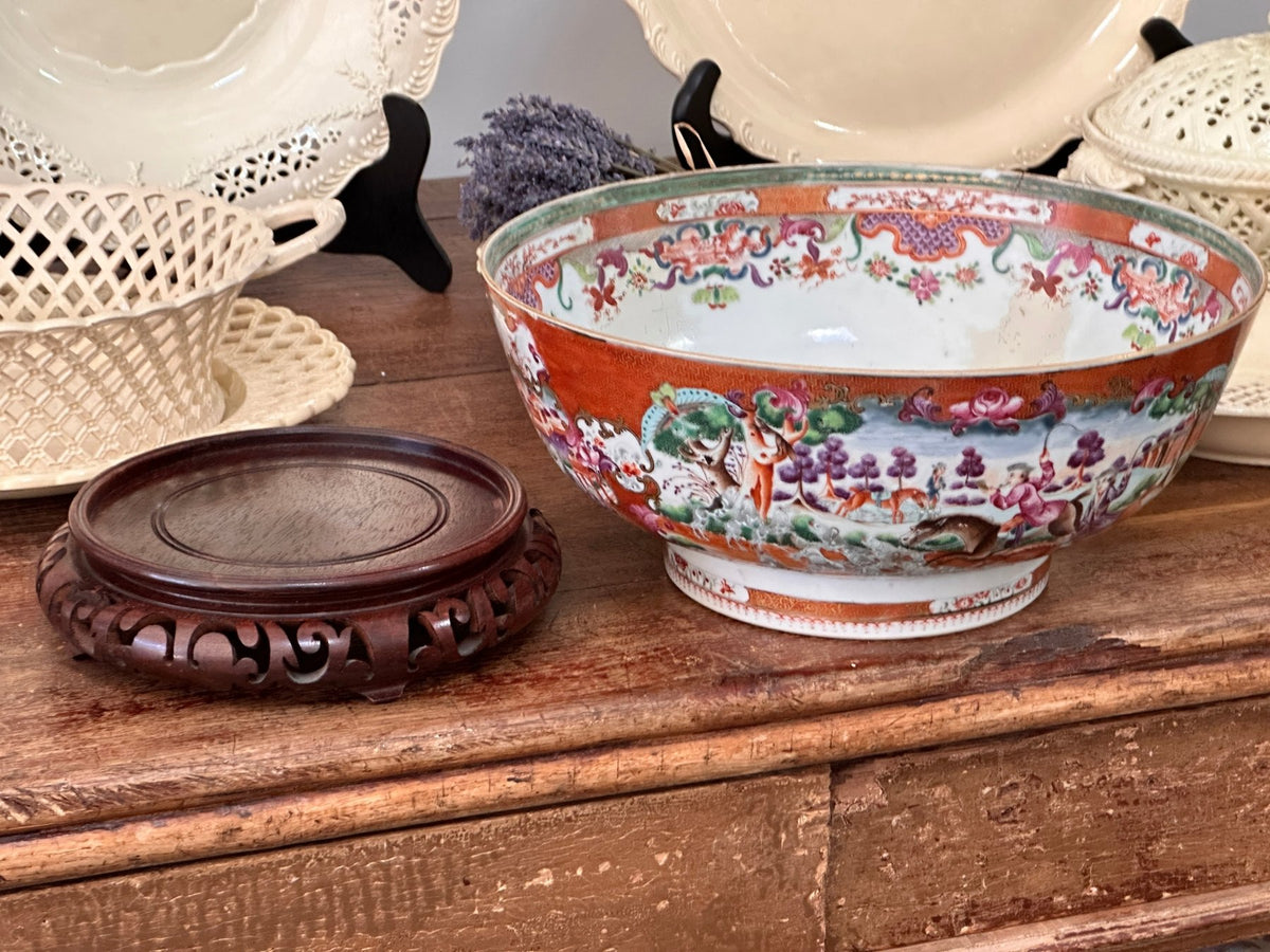 18th Century Chinese Export Porcelain Hunt Pattern Punch Bowl - Helen Storey Antiques