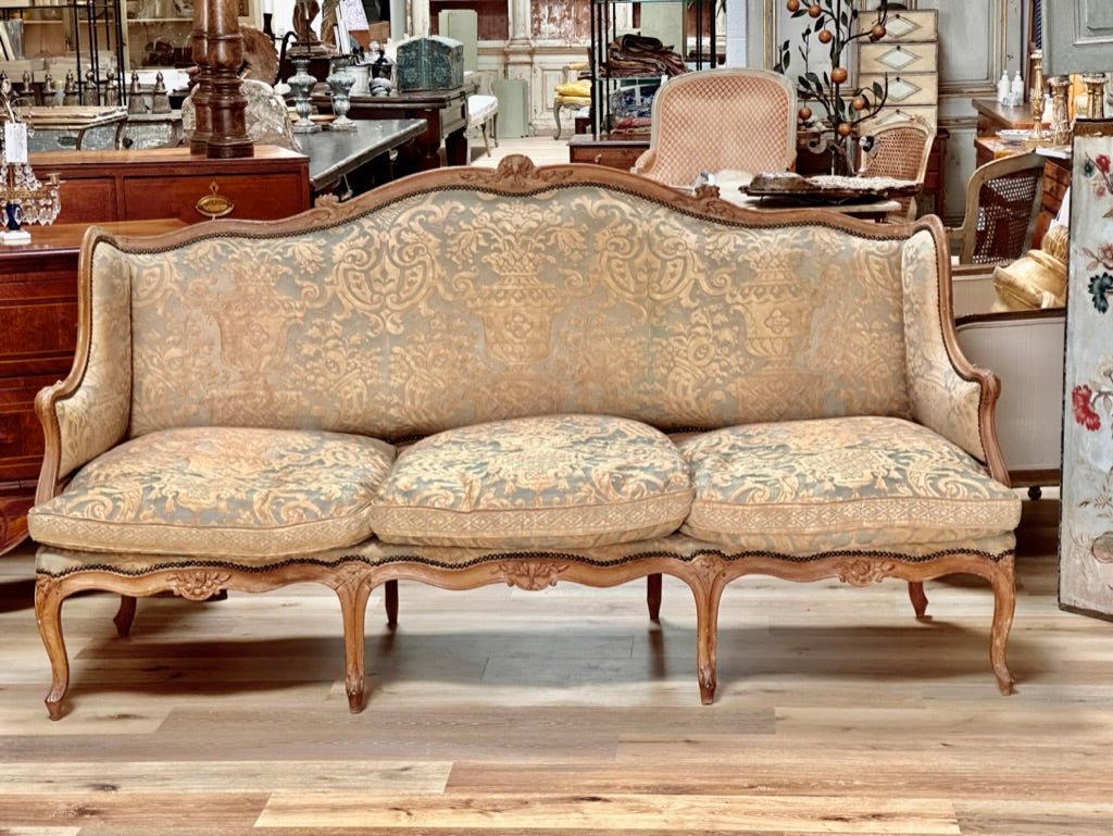 18th Century French Louis XV Canape Settee with Fortuny Upholstery - Helen Storey Antiques