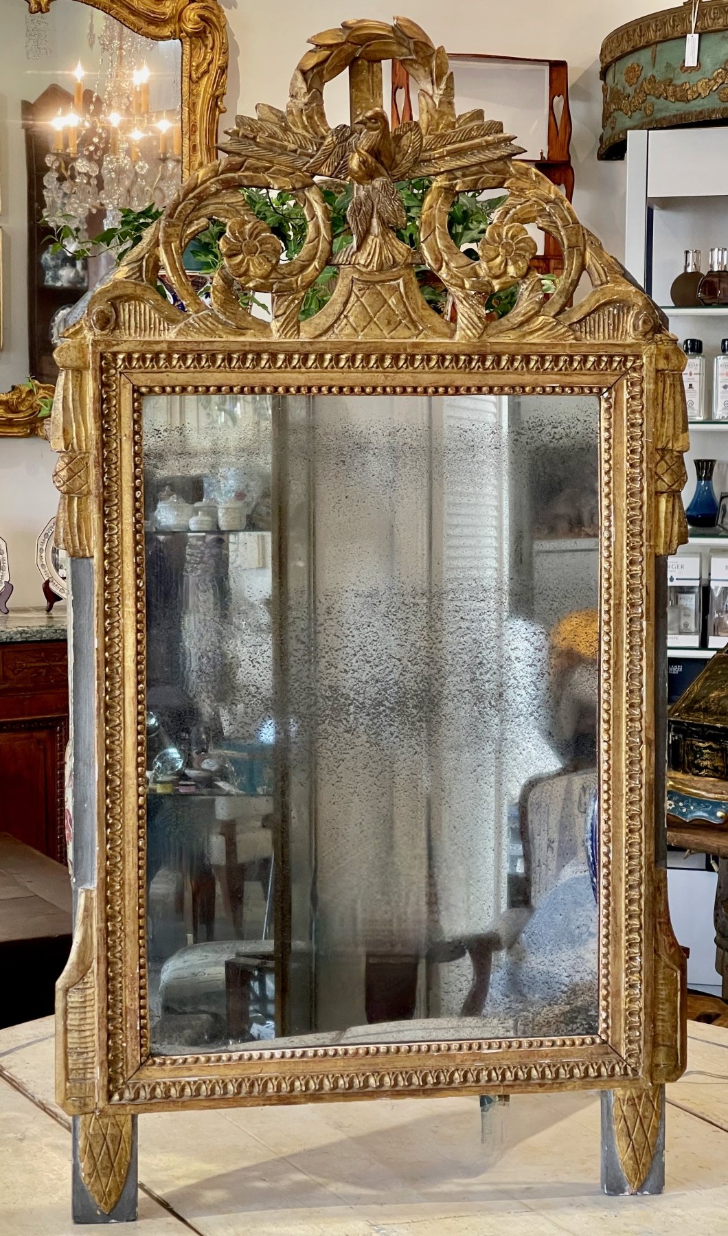 18th Century French Provincial Carved and Gilded Mirror, Molded Bird Crest - Helen Storey Antiques