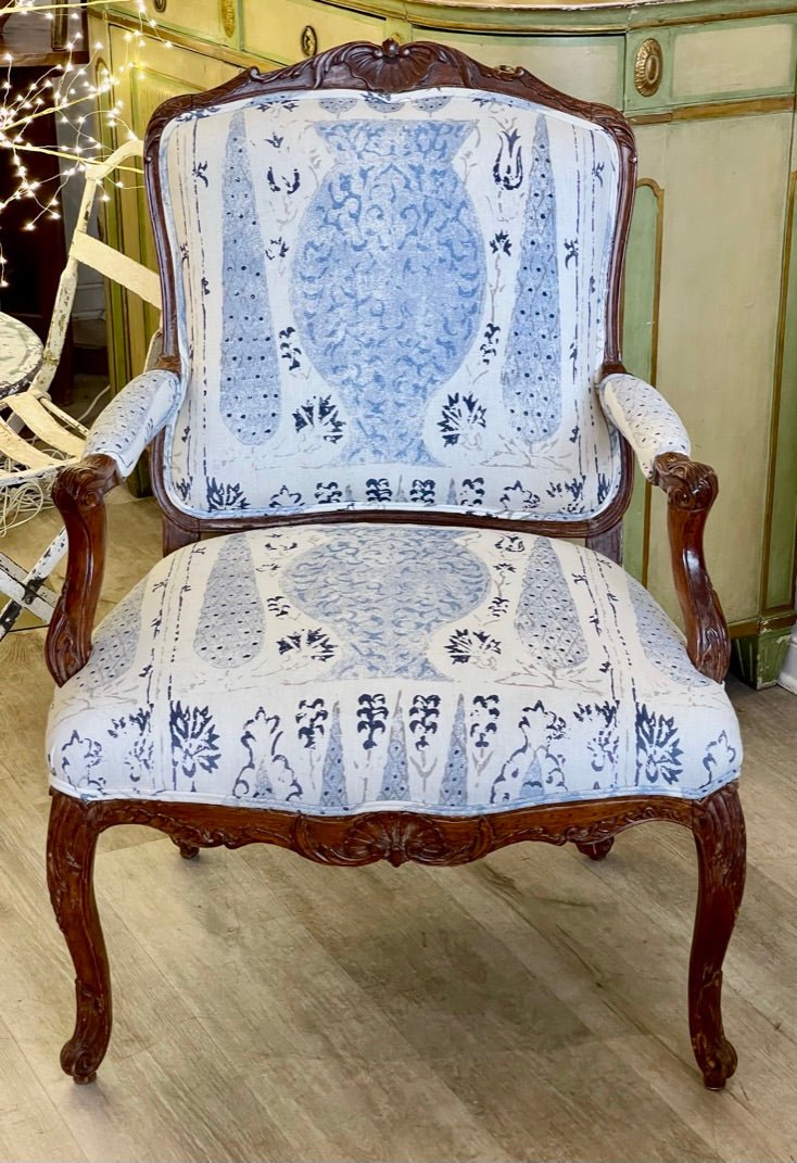 18TH CENTURY LOUIS XV PERIOD CARVED BEECHWOOD FAUTEUIL, NEWLY UPHOLSTERED - Helen Storey Antiques