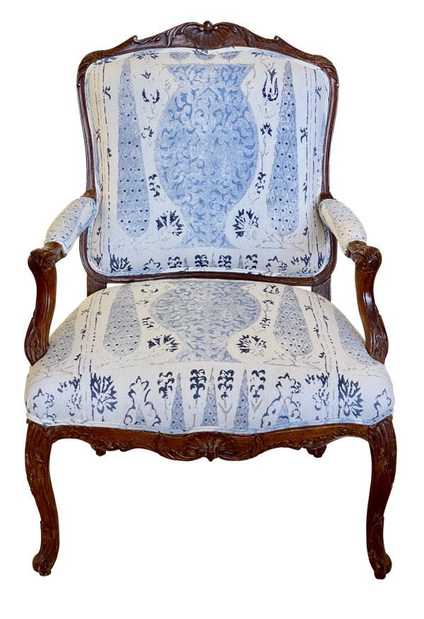 18TH CENTURY LOUIS XV PERIOD CARVED BEECHWOOD FAUTEUIL, NEWLY UPHOLSTERED - Helen Storey Antiques