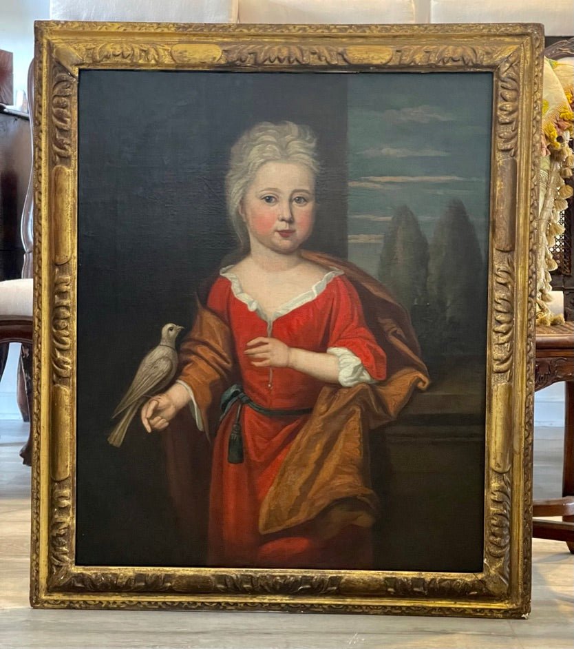 18TH CENTURY OIL PORTRAIT OF A CHILD WITH A DOVE - Helen Storey Antiques