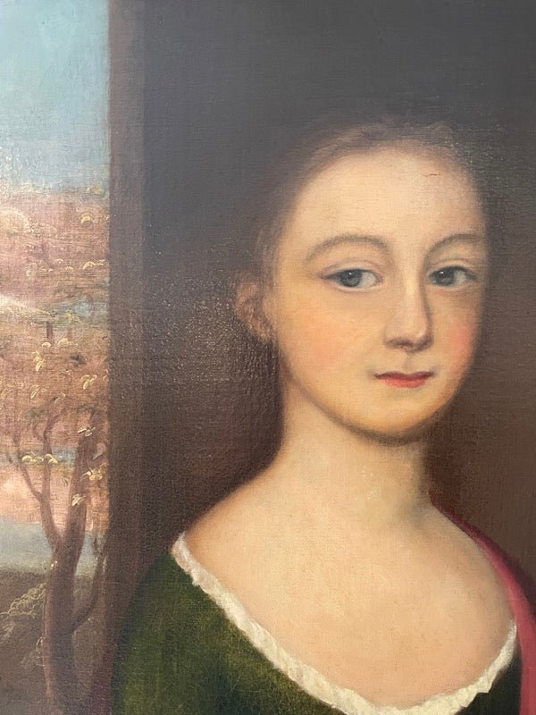 18TH CENTURY PORTRAIT OF GIRL WITH BIRD American - Durand - Helen Storey Antiques