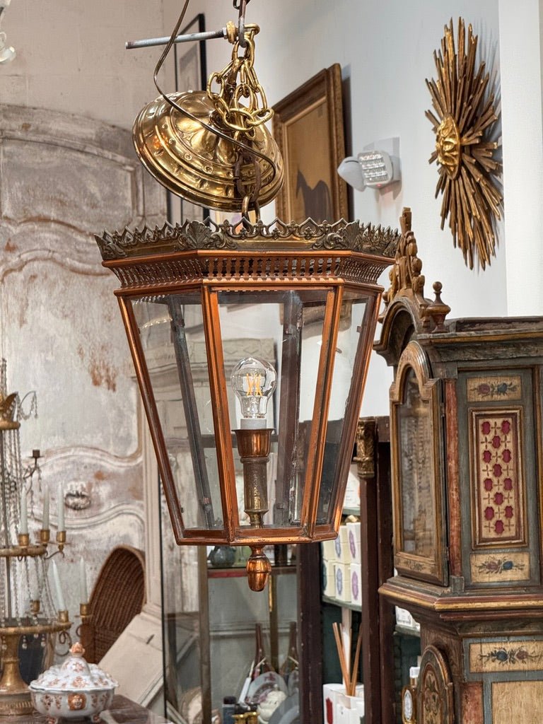 19th Century Italian brass and copper wall lantern with beveled glass panels - Helen Storey Antiques