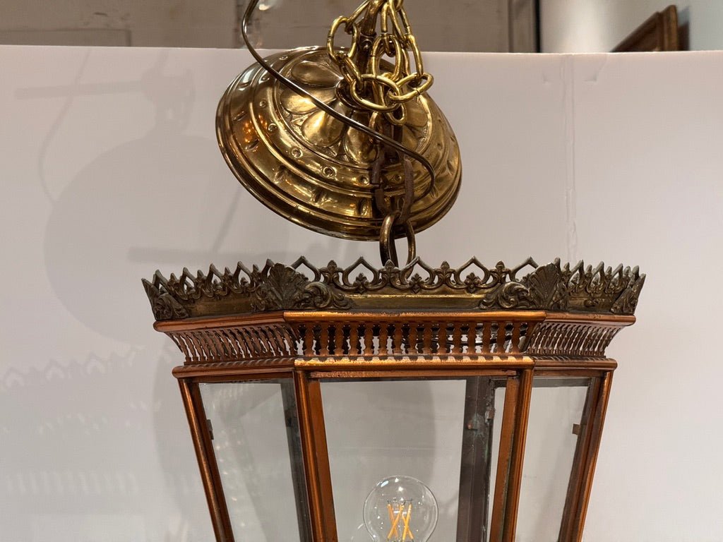 19th Century Italian brass and copper wall lantern with beveled glass panels - Helen Storey Antiques