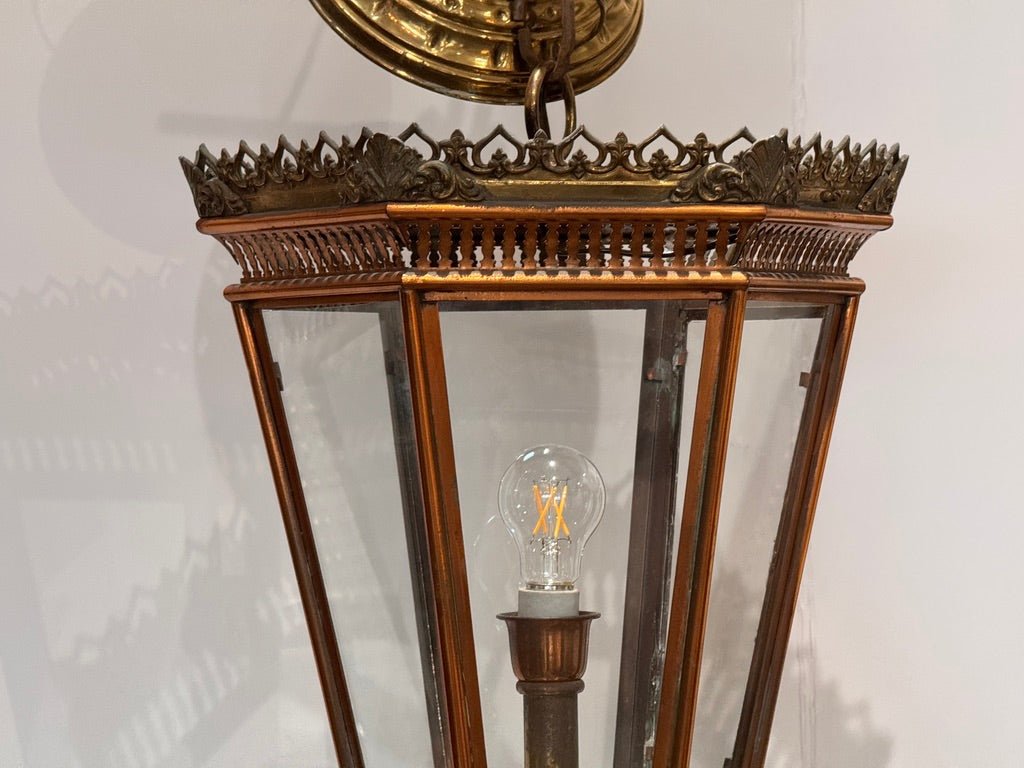 19th Century Italian brass and copper wall lantern with beveled glass panels - Helen Storey Antiques
