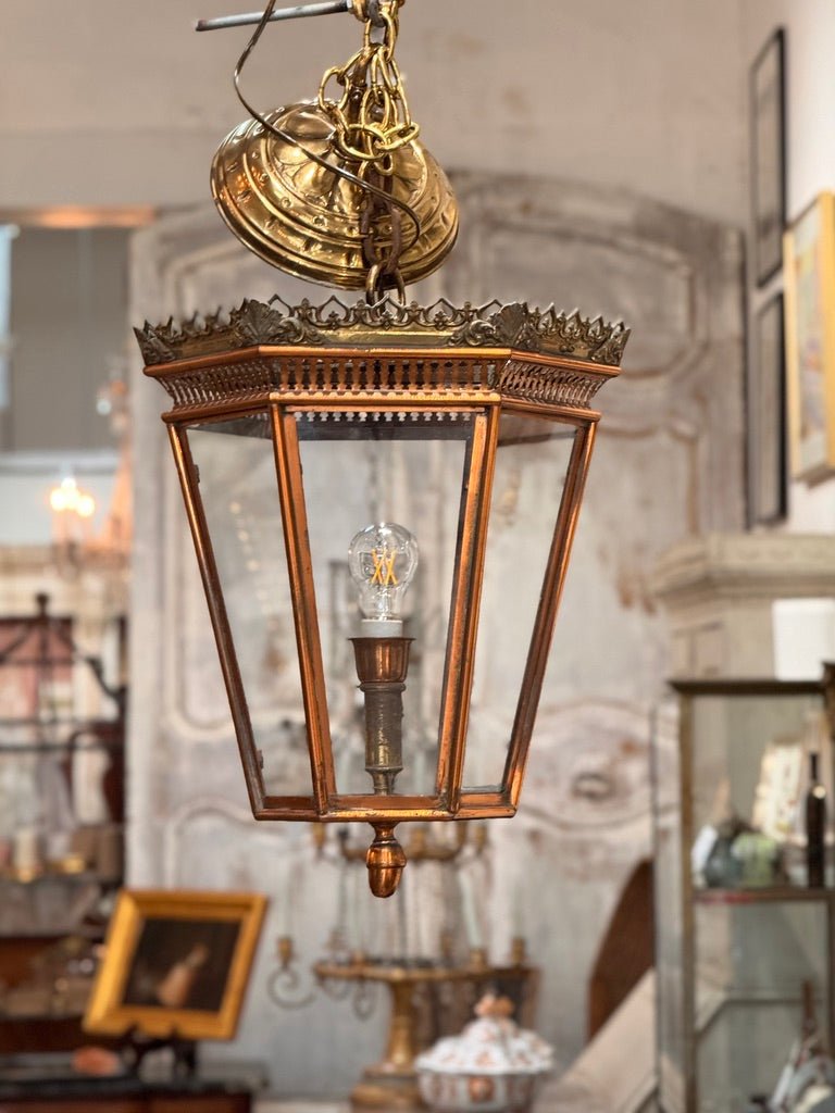 19th Century Italian brass and copper wall lantern with beveled glass panels - Helen Storey Antiques
