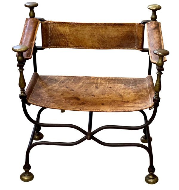 19th Century Italian iron, bronze, and leather Savonarola chair.