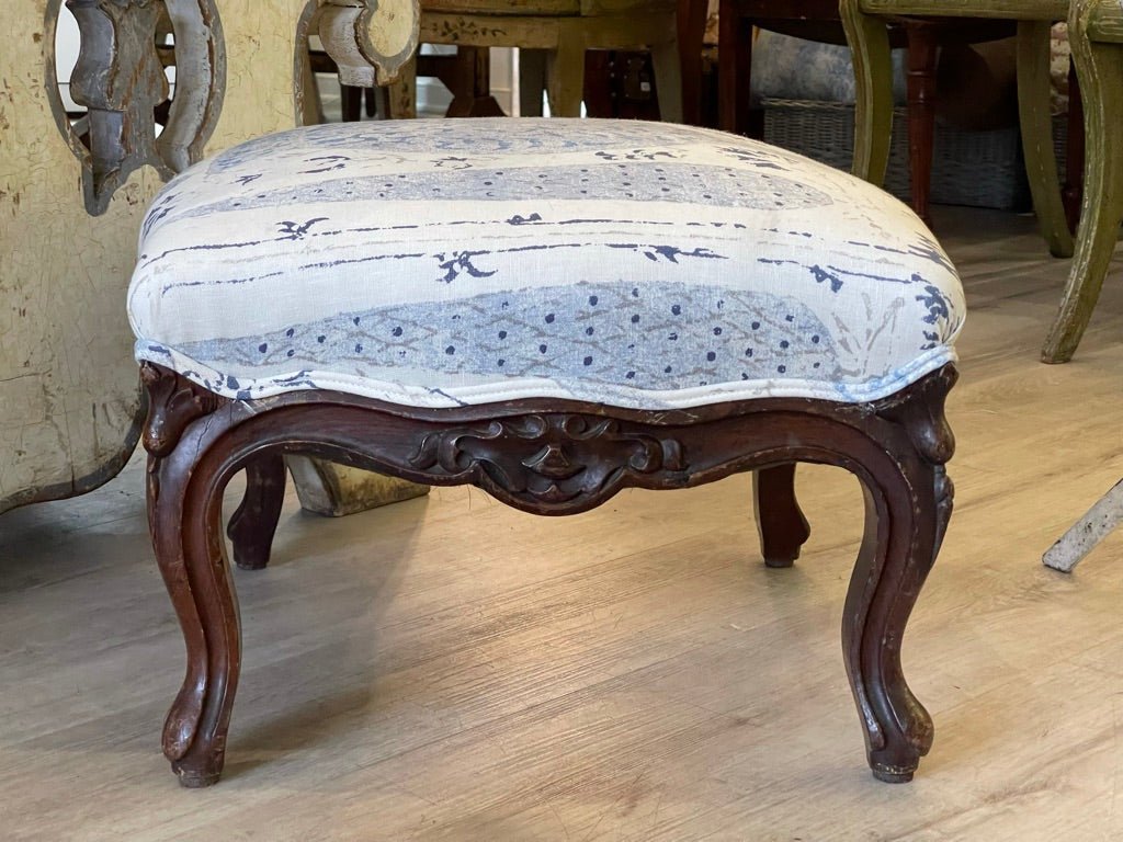 19TH CENTURY LOUIS XV STYLE CARVED STOOL, NEWLY UPHOLSTERED - Helen Storey Antiques