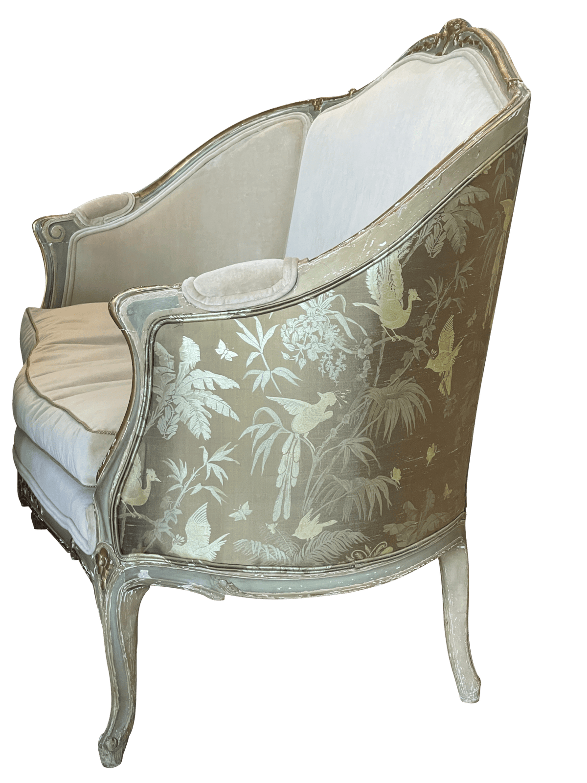 19th Century Louis XV Style polychrome, carved, and Finely Upholstered Settee - Helen Storey Antiques