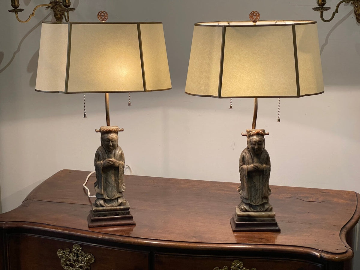 19TH CENTURY PAIR OF CARVED BUDDHAS MOUNTED AS LAMPS - Helen Storey Antiques