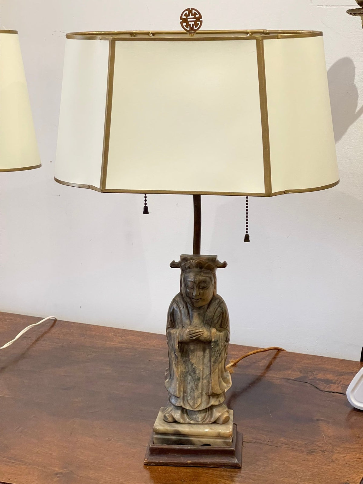 19TH CENTURY PAIR OF CARVED BUDDHAS MOUNTED AS LAMPS - Helen Storey Antiques