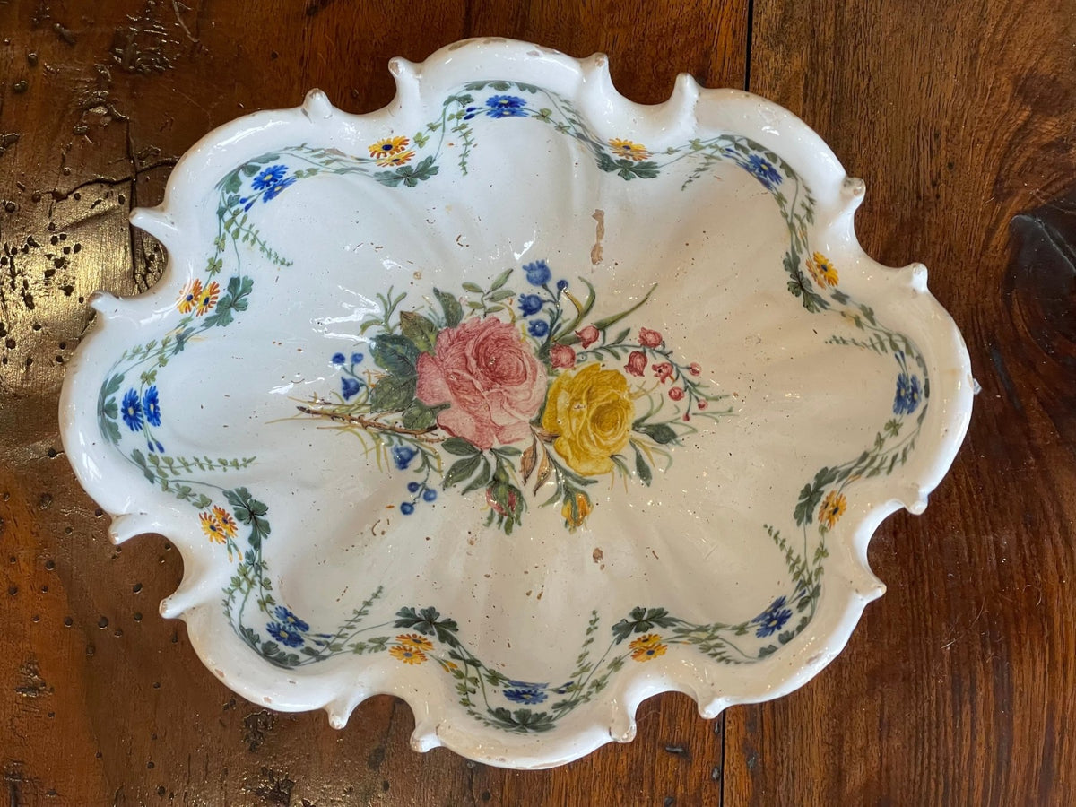 19th Century Ribbed Floral Italian Footed Tin - Glaze Bowl - Helen Storey Antiques