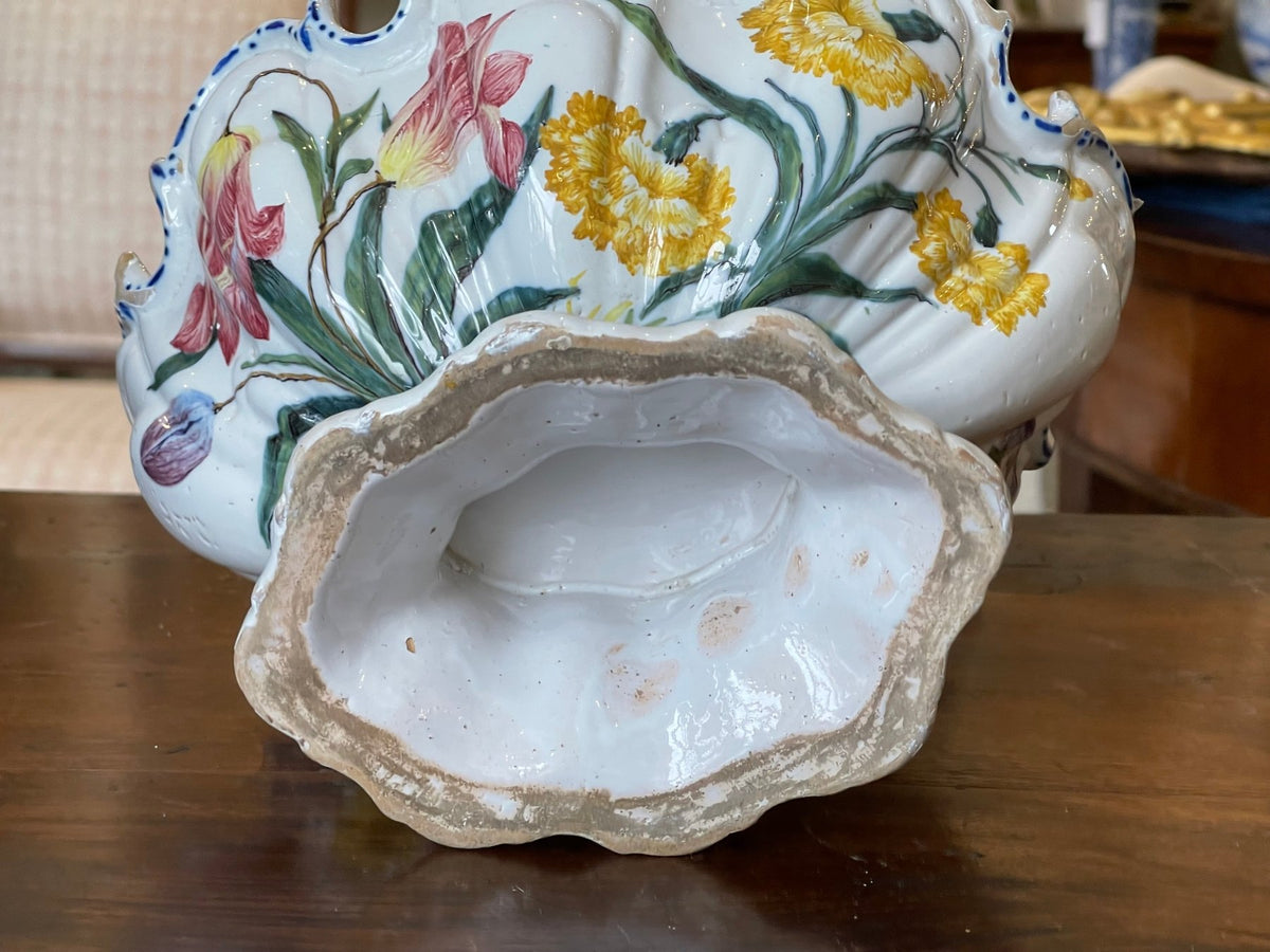 19th Century Ribbed Floral Italian Footed Tin - Glaze Bowl - Helen Storey Antiques