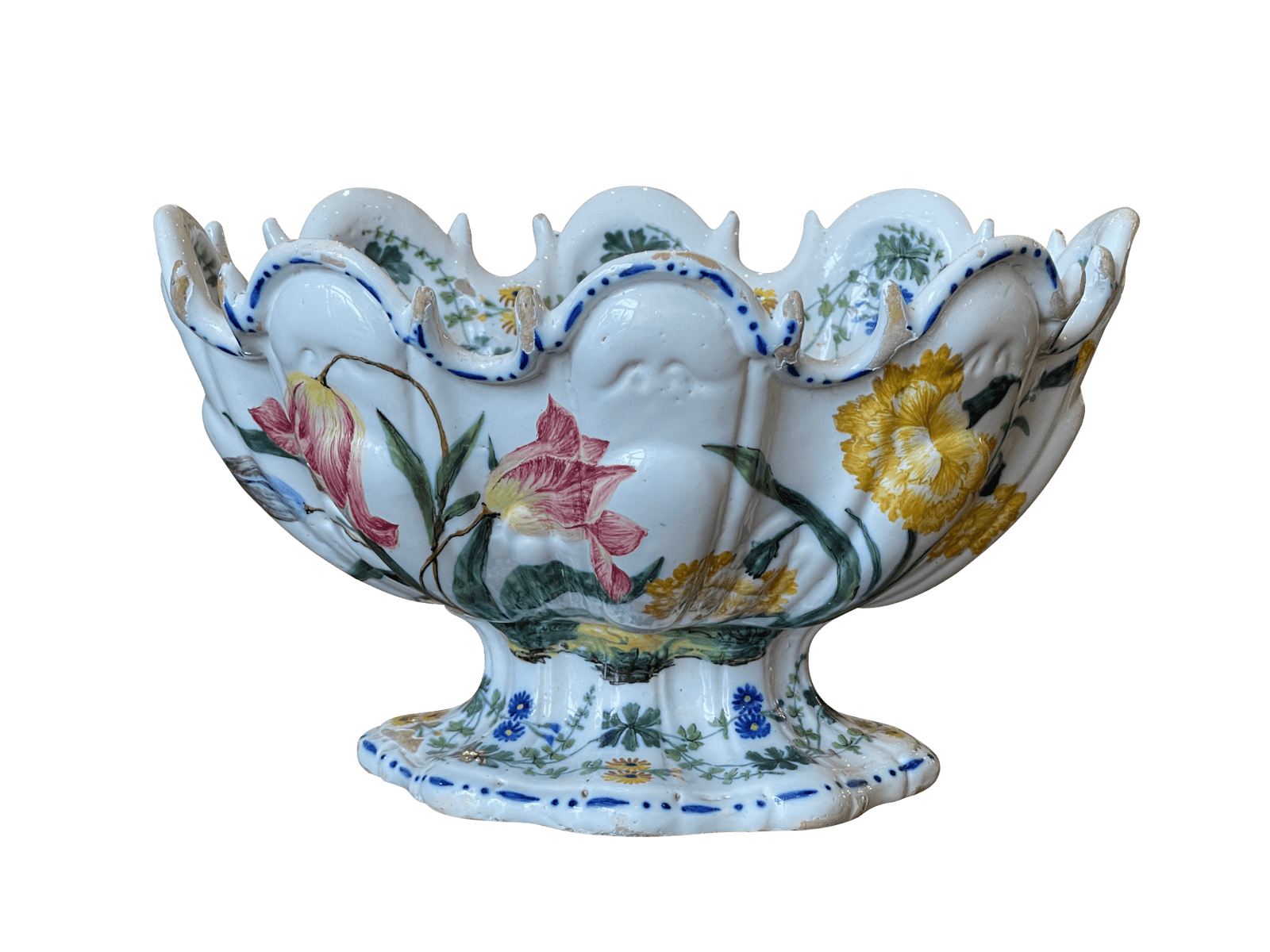 19th Century Ribbed Floral Italian Footed Tin-Glaze Bowl