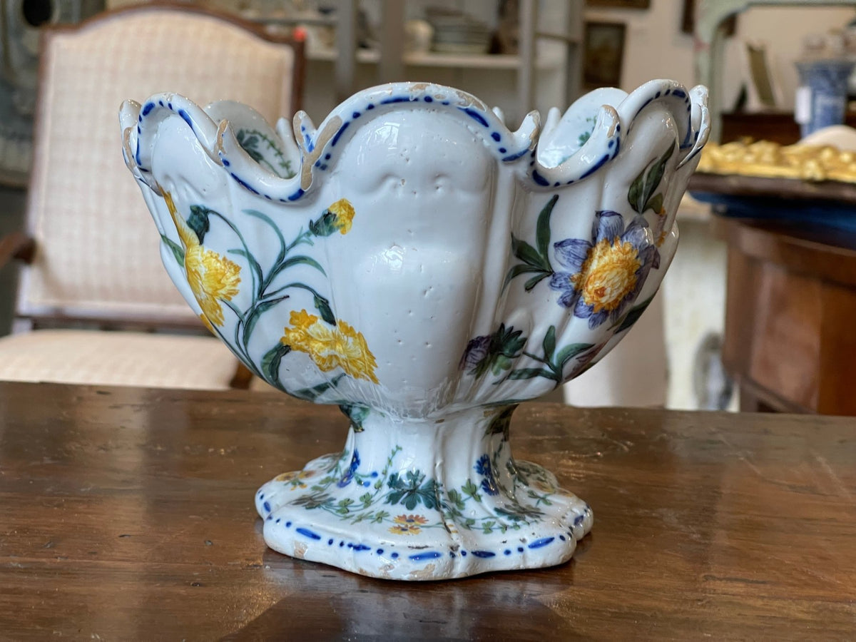 19th Century Ribbed Floral Italian Footed Tin - Glaze Bowl - Helen Storey Antiques