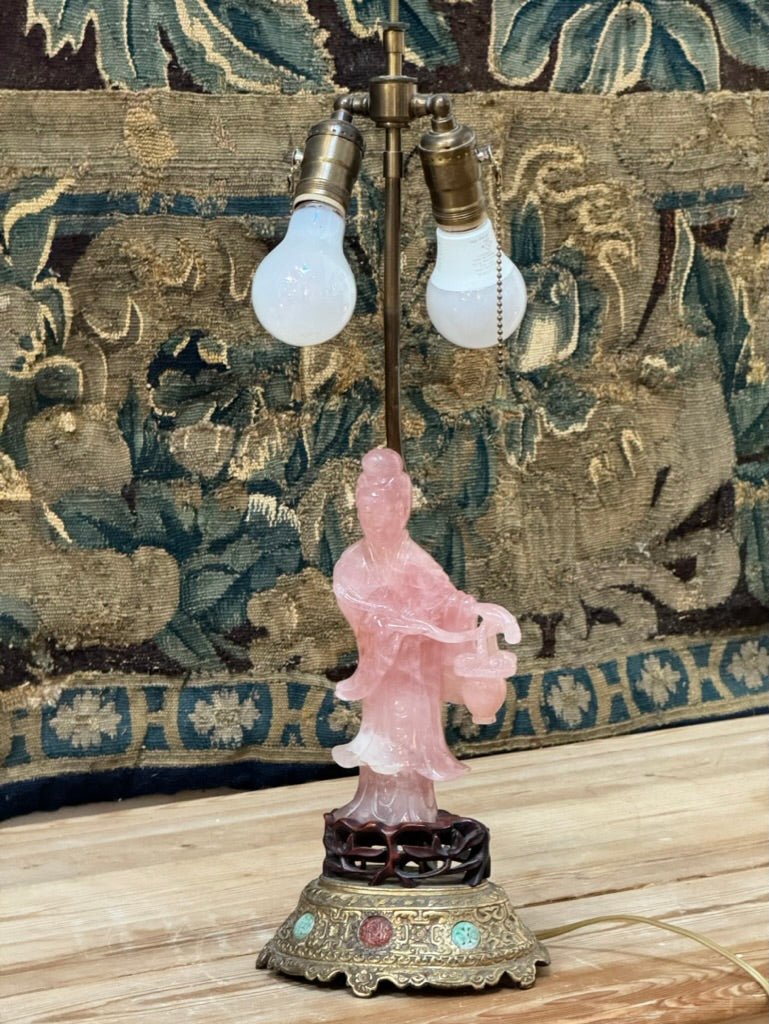 19th Century Rose Quartz Carved Figure Lamp with Jeweled Base - Helen Storey Antiques