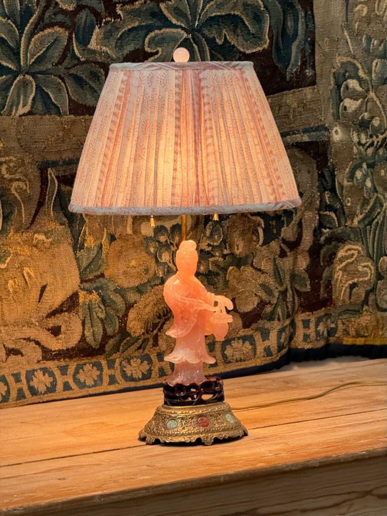 19th Century Rose Quartz Carved Figure Lamp with Jeweled Base - Helen Storey Antiques