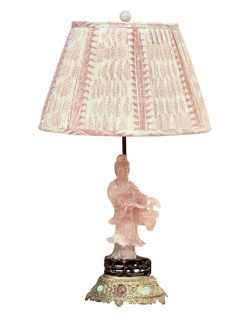 19th Century Rose Quartz Carved Figure Lamp with Jeweled Base - Helen Storey Antiques