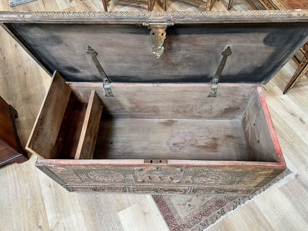 19th Century Teak Brass Studded Red Zanzibar Chest - Helen Storey Antiques