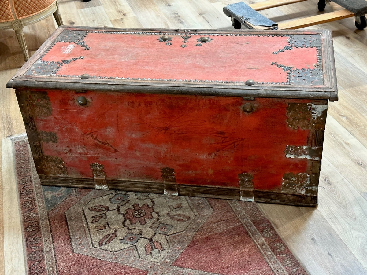 19th Century Teak Brass Studded Red Zanzibar Chest - Helen Storey Antiques