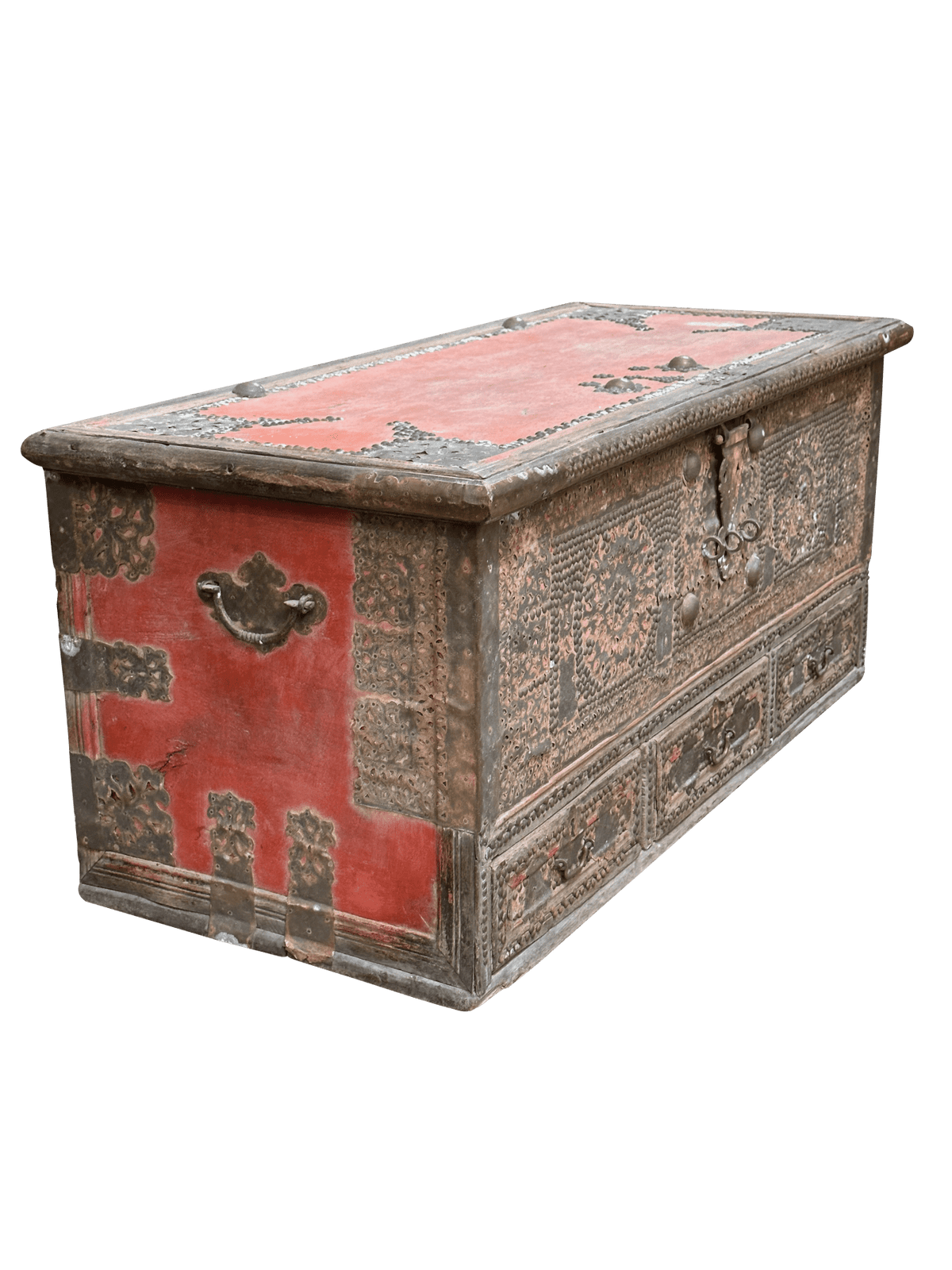 19th Century Teak Brass Studded Red Zanzibar Chest - Helen Storey Antiques