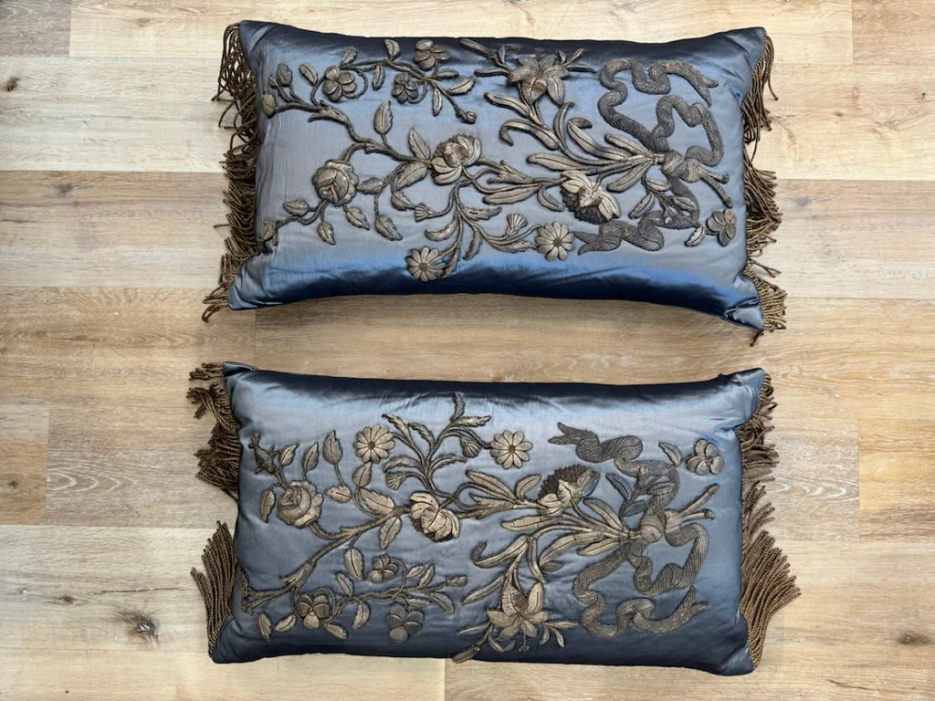 Pair of 17th Century Blue Satin Pillows with Fringe