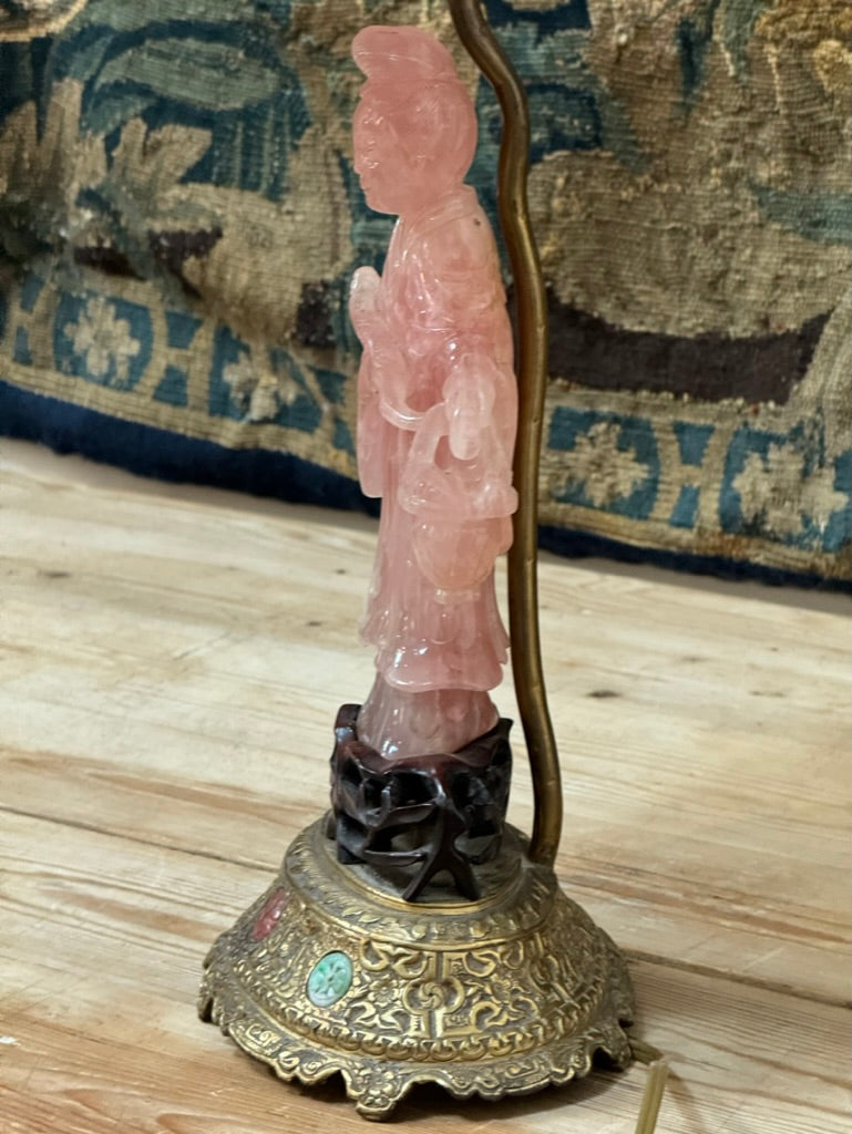 19th Century Rose Quartz Carved Figure Lamp with Jeweled Base