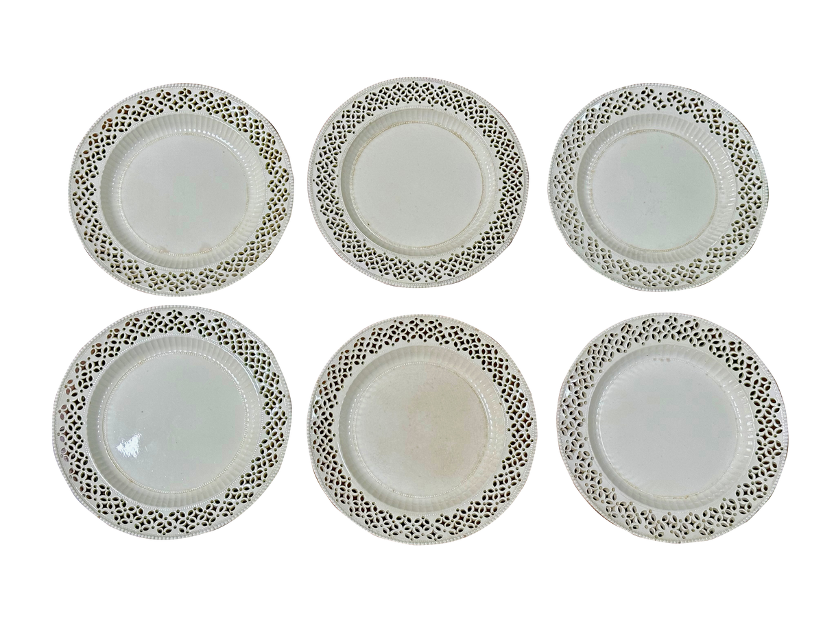 Set of Six Leeds Creamware Reticulated Plates, 18th Century
