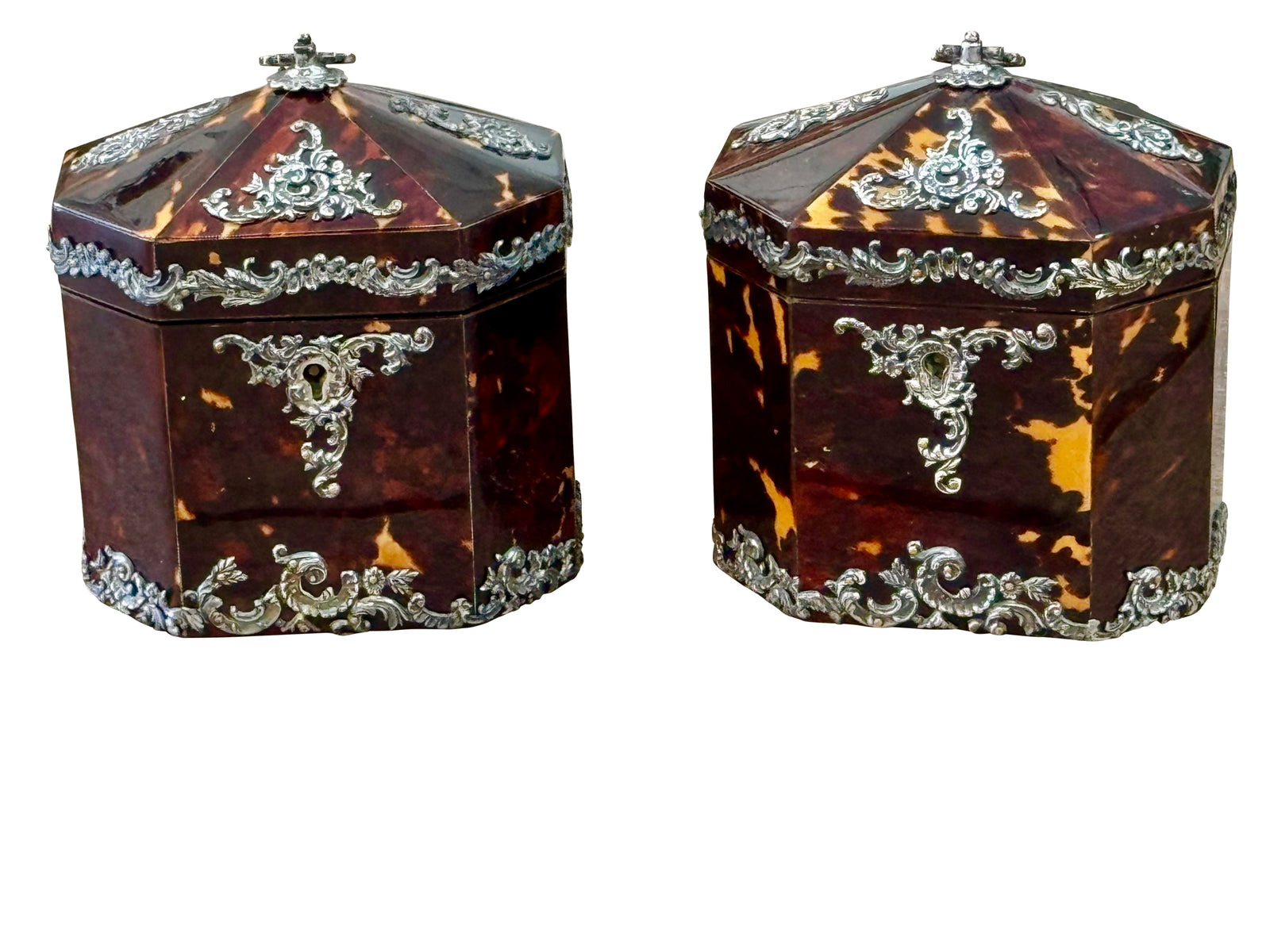 Pair of English Tortoise Shell Victorian Silver Mounted Tea Caddies c.1890