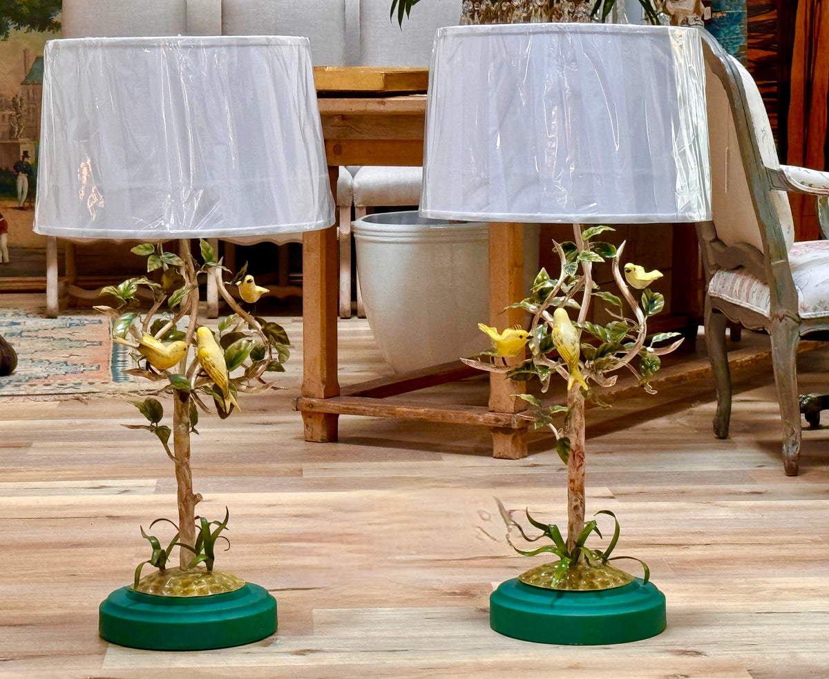 Pair of Italian Vintage Tole Bird and foliage lamps