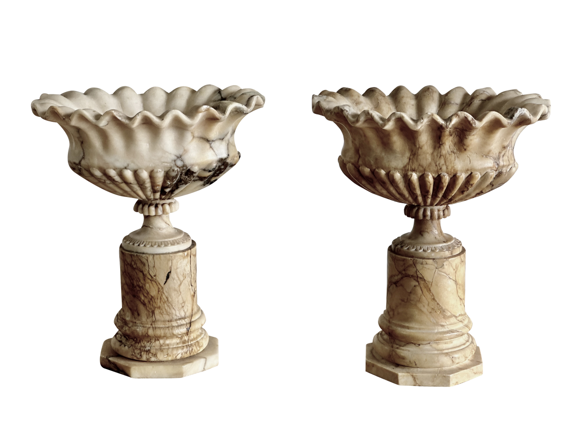 Oval Scalloped Marble Pedestal Urns, Grand Tour