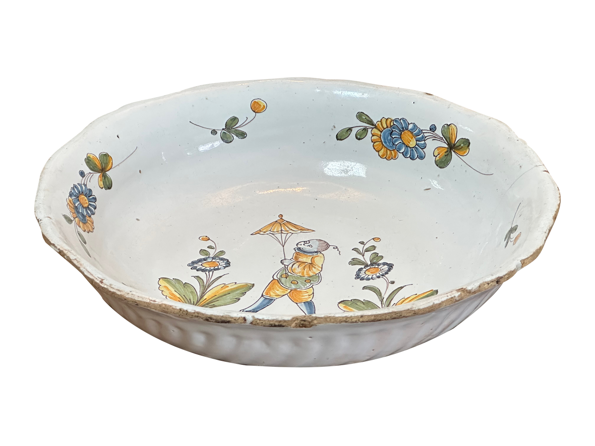 Charming French Faience Serving Bowl with Chinoiserie Figure