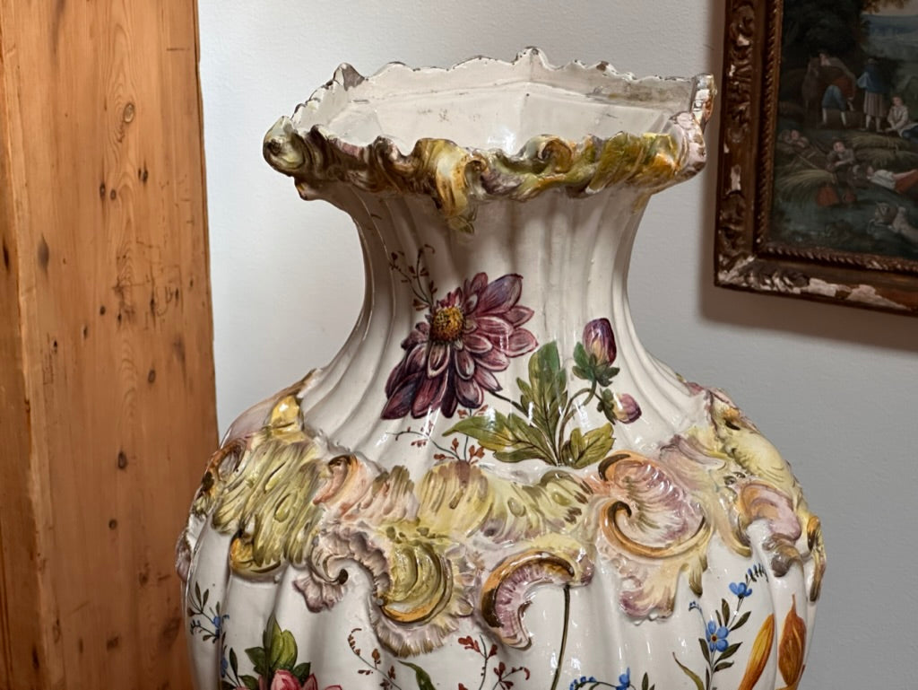 19th Century Hand-Painted Italian Faience Vase &amp; Stand