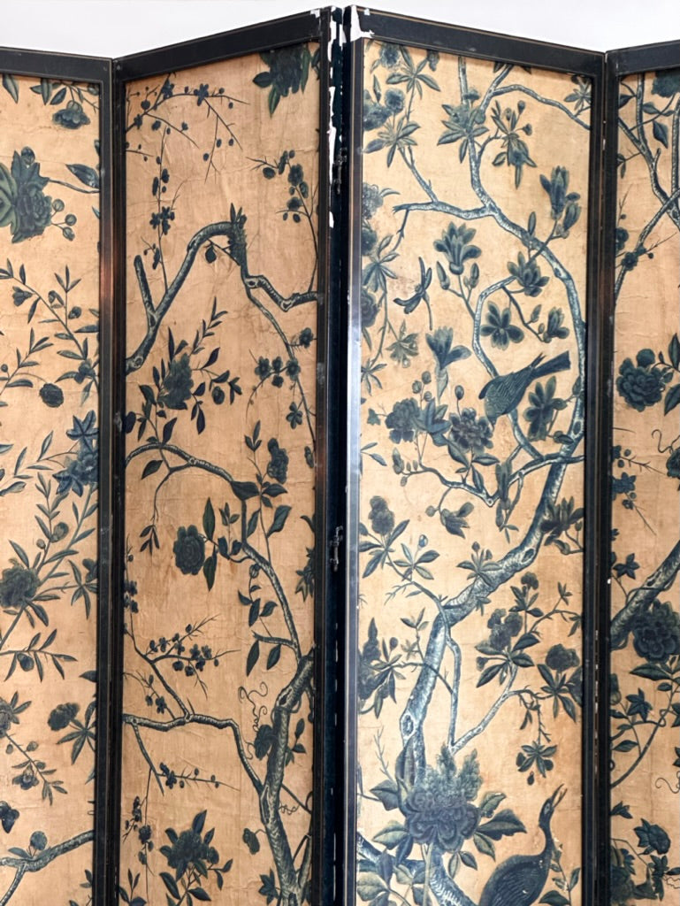 18th Century Chinese Hand-Painted Wallpaper Four-Panel Screen