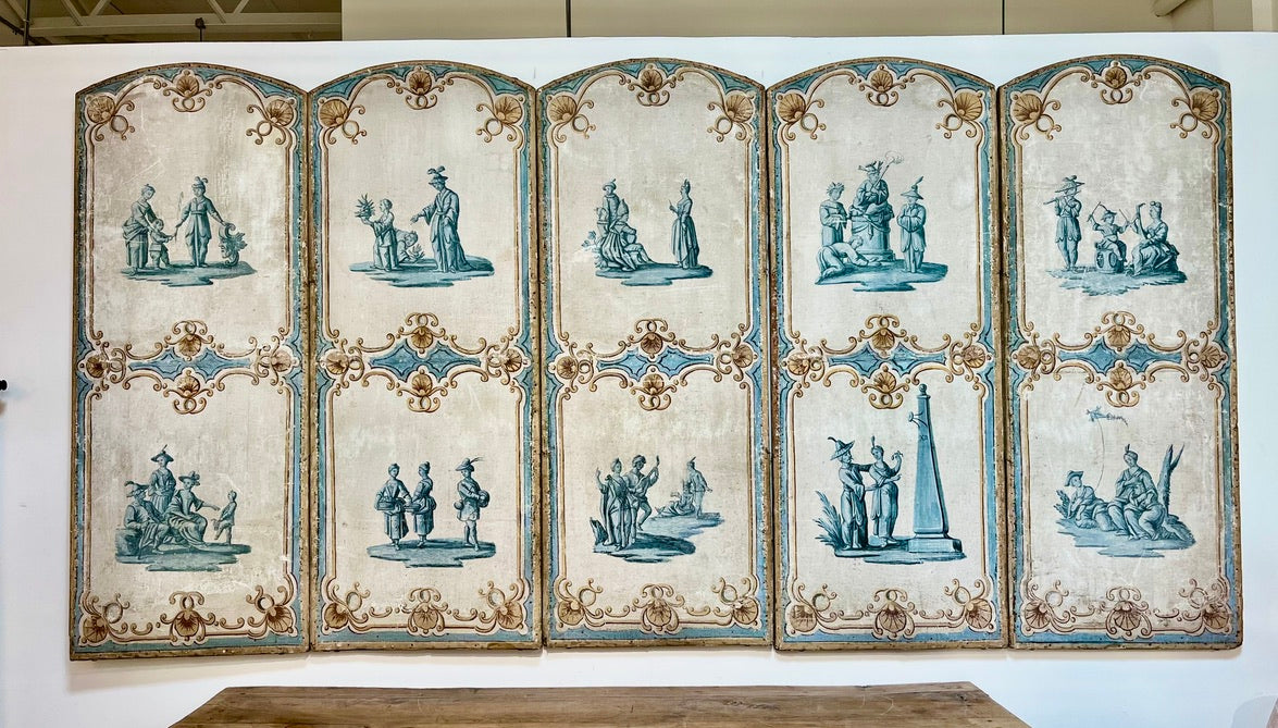 Louis XV Painted Canvas Five-Panel Floor Screen, Mid-18th Century